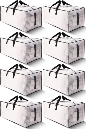 8 Pack Large Strong Moving Bags with Zippers & Carrying Handles - Water-Resistant - Heavy Duty Storage Tote for Space Saving, Fold Flat, Alternative to Moving Box (Semi-Transparent)