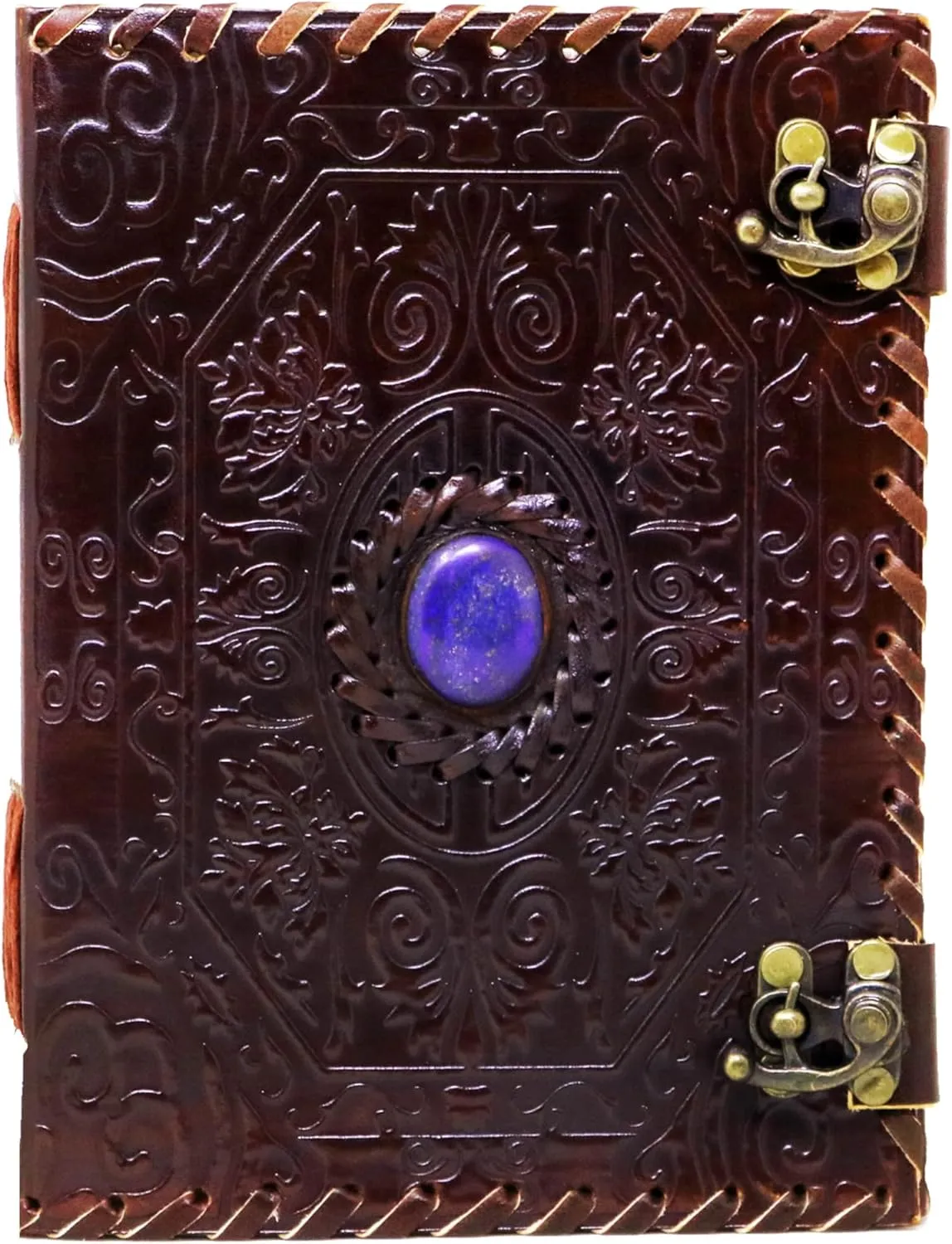 8" Leather Journal with string closure & stone Writing Pad Blank Notebook Handmade Notepad For Men & Women Unlined Paper Art Sketchbook Travel Diary To Write Book Of Shadows Refillable Grimoire Large