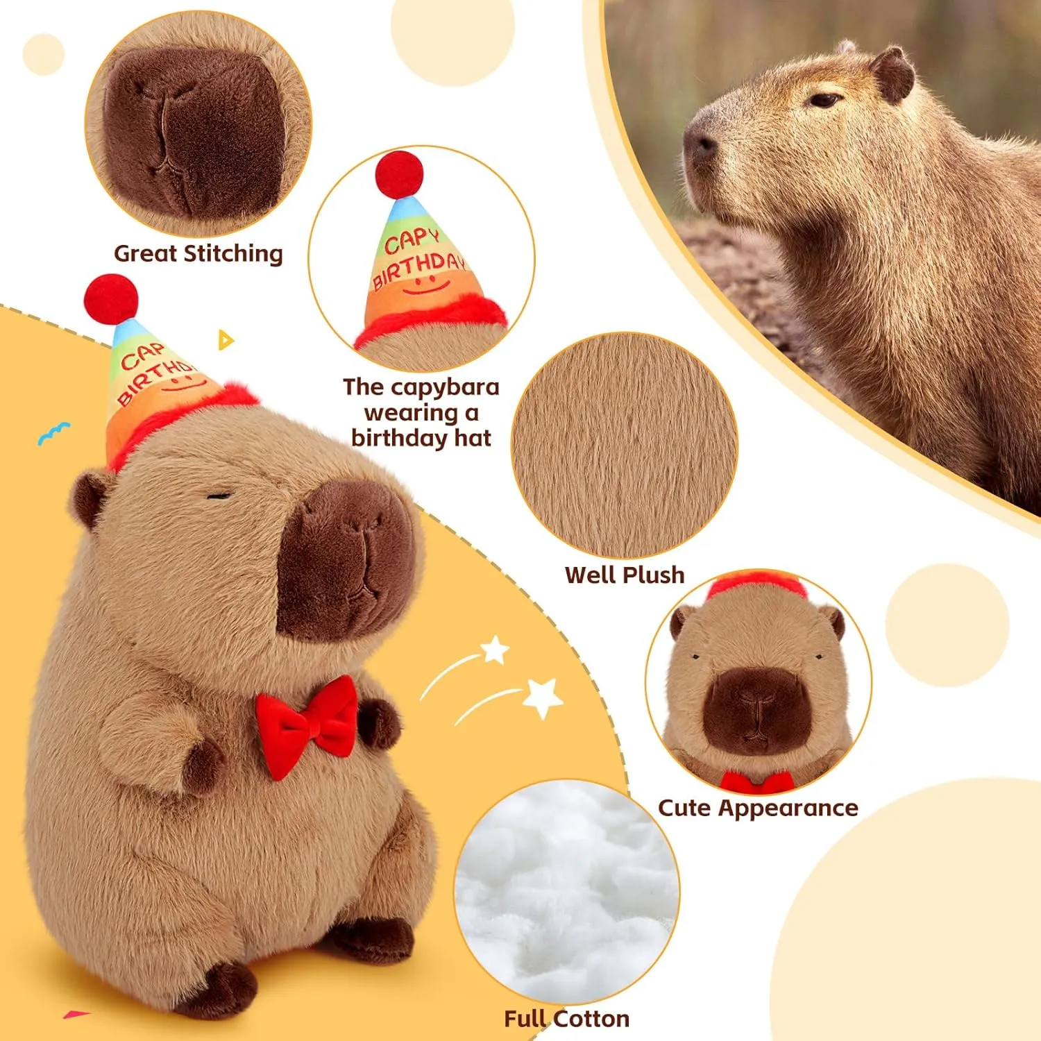Achwishap Capybara Plush,Cute Plushies Capybara Stuffed Animal,Capybaras Plush Toys,Kawaii Plushie Stuffed Toy with Birthday Hat Plushie Gift for Kids Adults Birthday(Capybara with Birthdays Hat,18”)