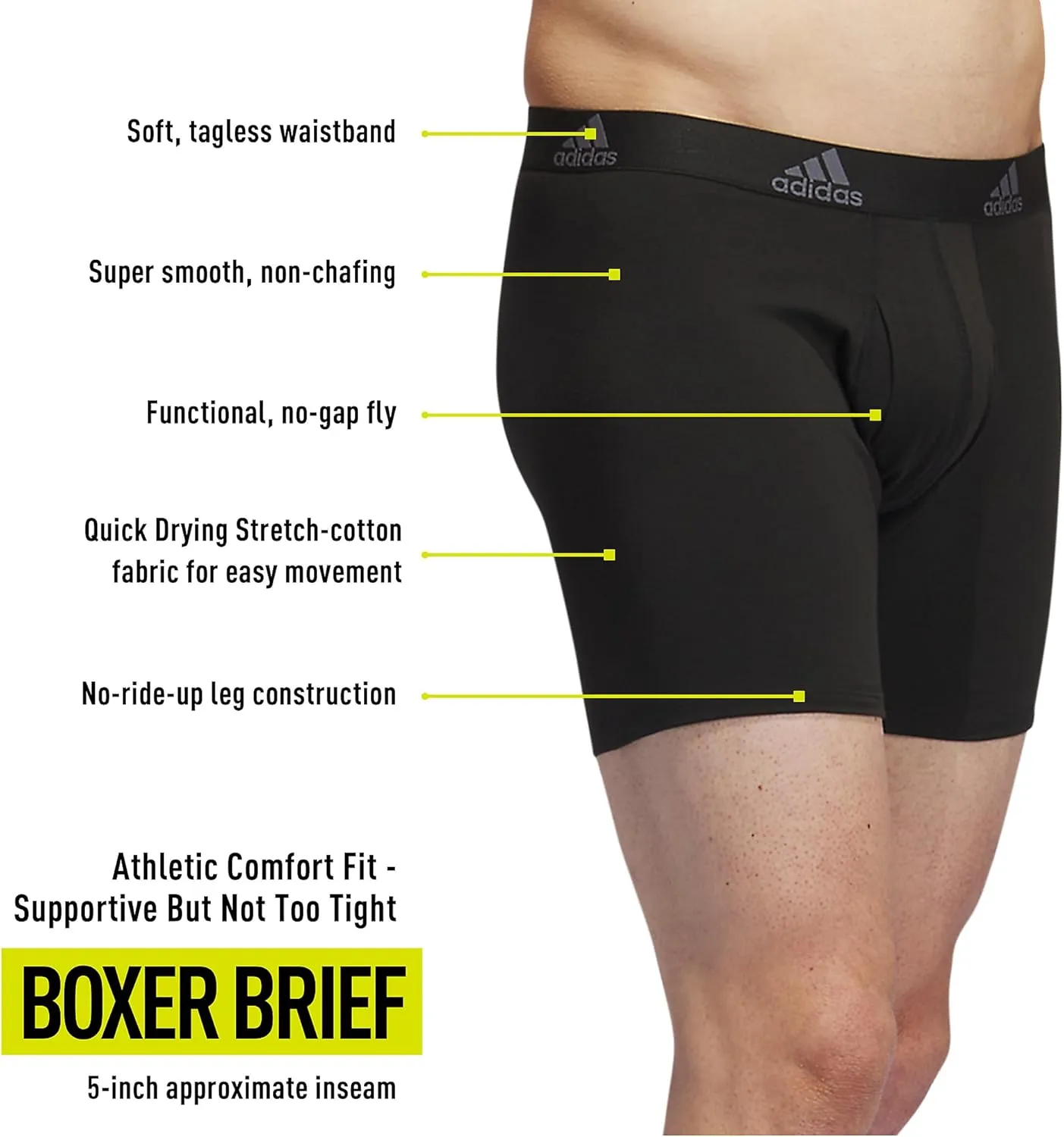 adidas Men's Performance Stretch Cotton Boxer Briefs 3-Pack, Soft Underwear, Superior Comfort