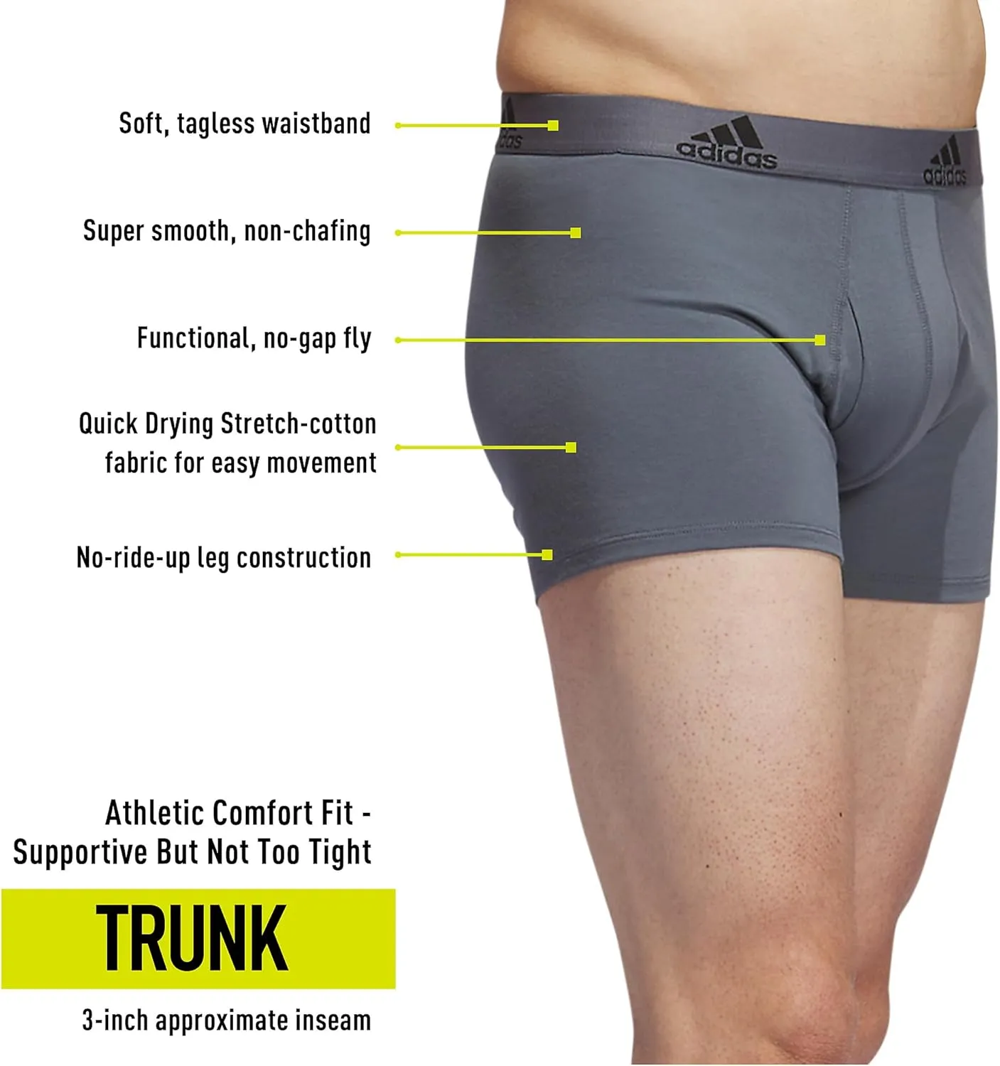 adidas Men's Performance Stretch Cotton Trunk Underwear (3-Pack) Designed for Active Comfort and All Day Wear