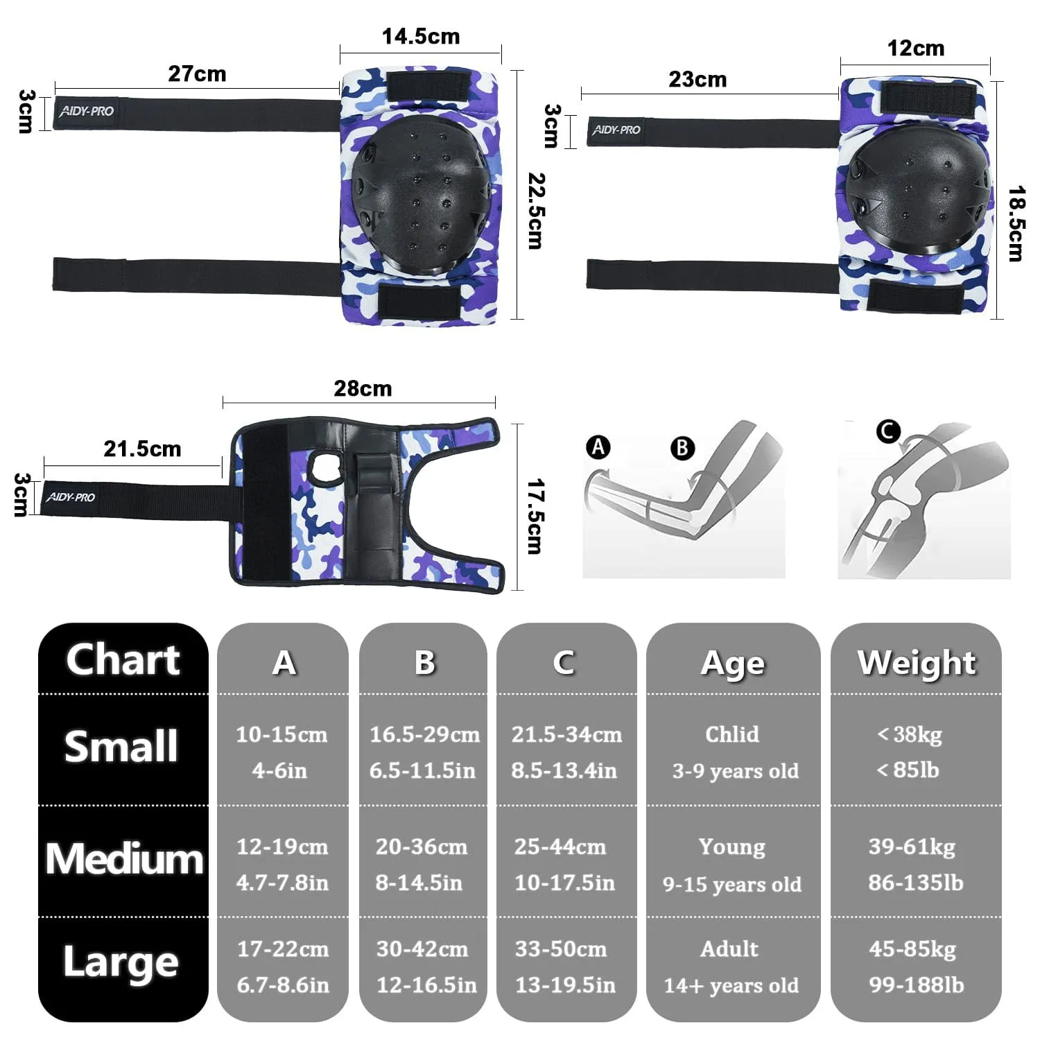 Adult Knee Pads and Elbow Pads Set Skateboard Protective Gear, Skateboard Wrist Guards Adult for Roller Skating Skateboarding Biking Blue