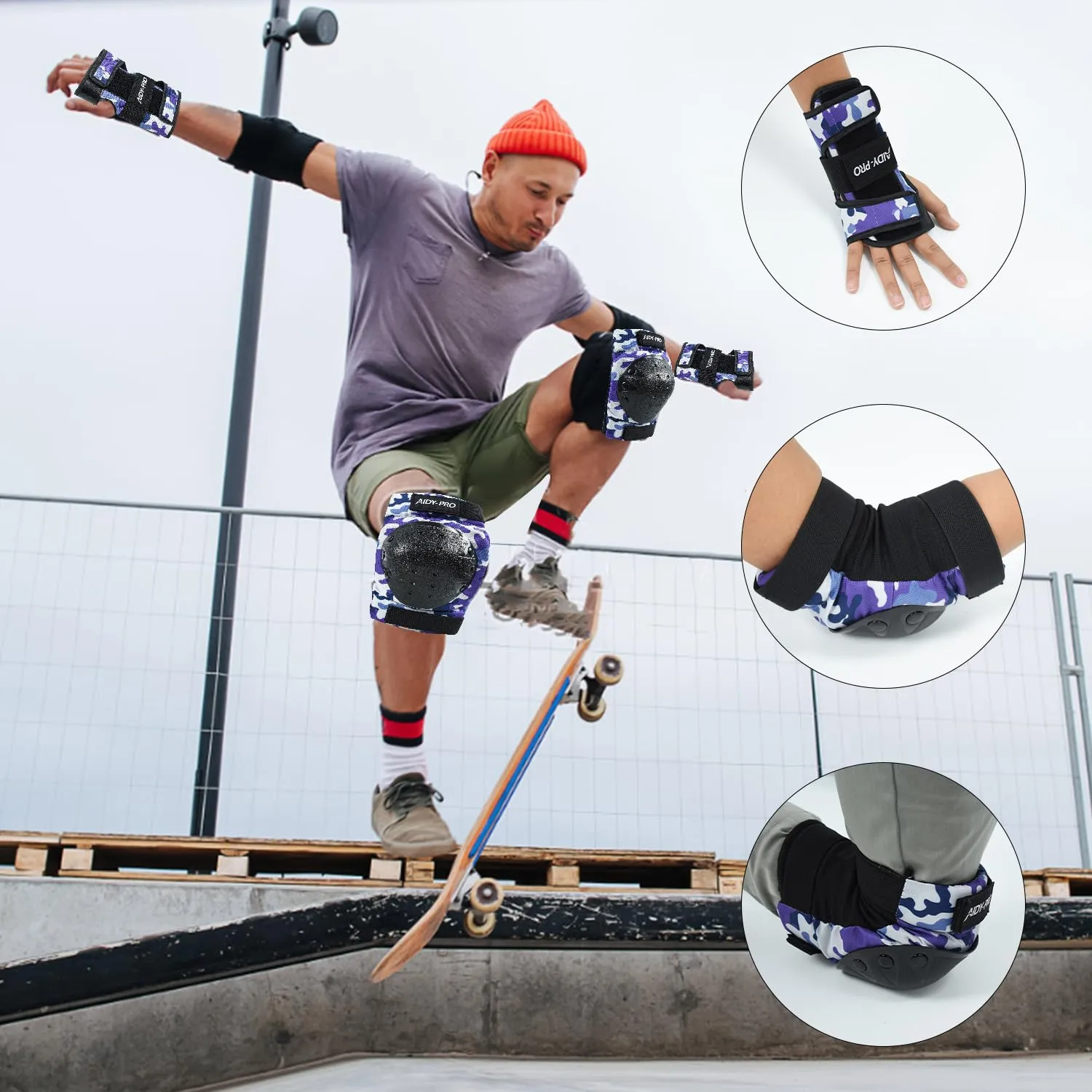 Adult Knee Pads and Elbow Pads Set Skateboard Protective Gear, Skateboard Wrist Guards Adult for Roller Skating Skateboarding Biking Blue