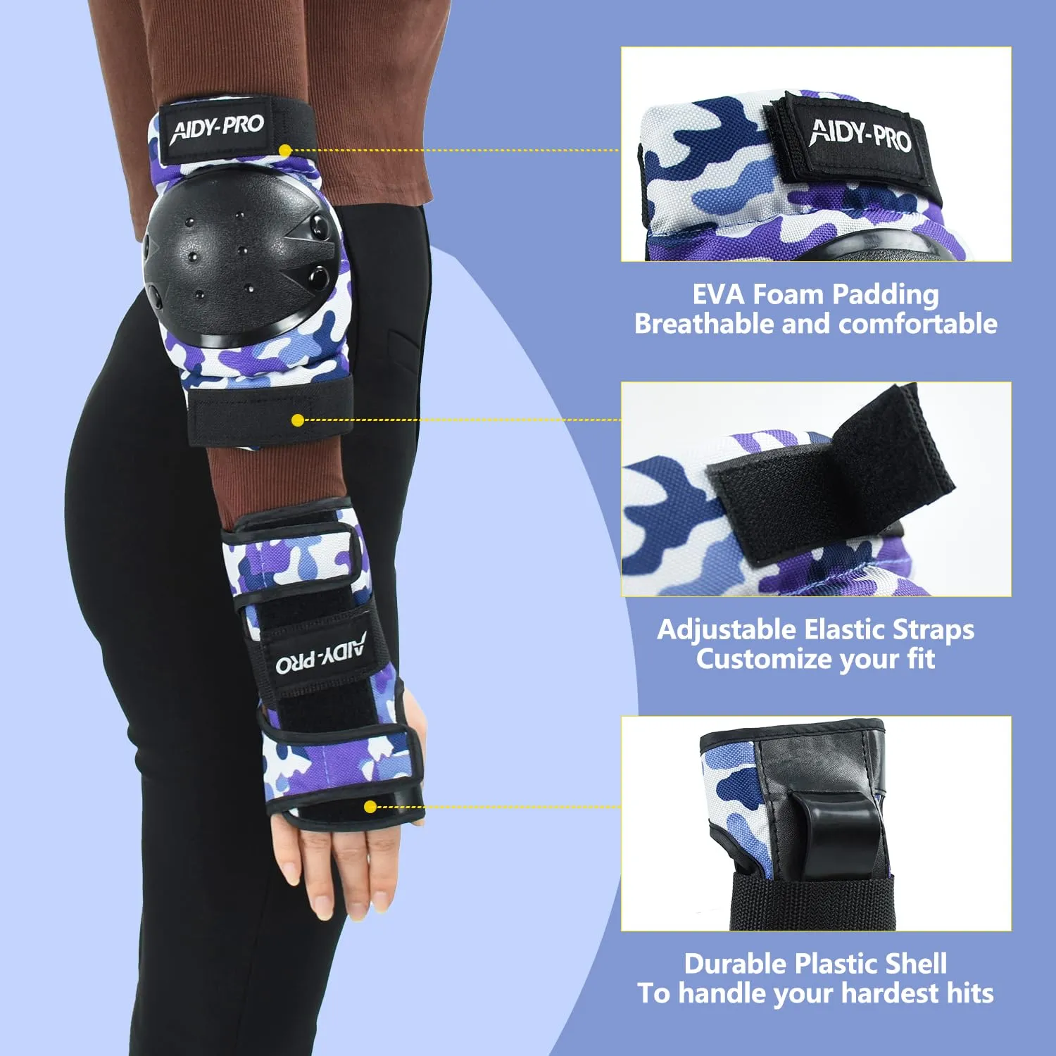 Adult Knee Pads and Elbow Pads Set Skateboard Protective Gear, Skateboard Wrist Guards Adult for Roller Skating Skateboarding Biking Blue