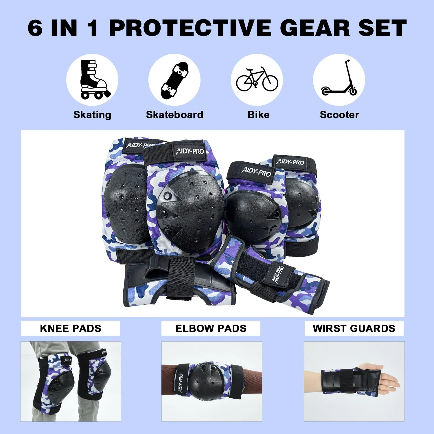 Adult Knee Pads and Elbow Pads Set Skateboard Protective Gear, Skateboard Wrist Guards Adult for Roller Skating Skateboarding Biking Blue