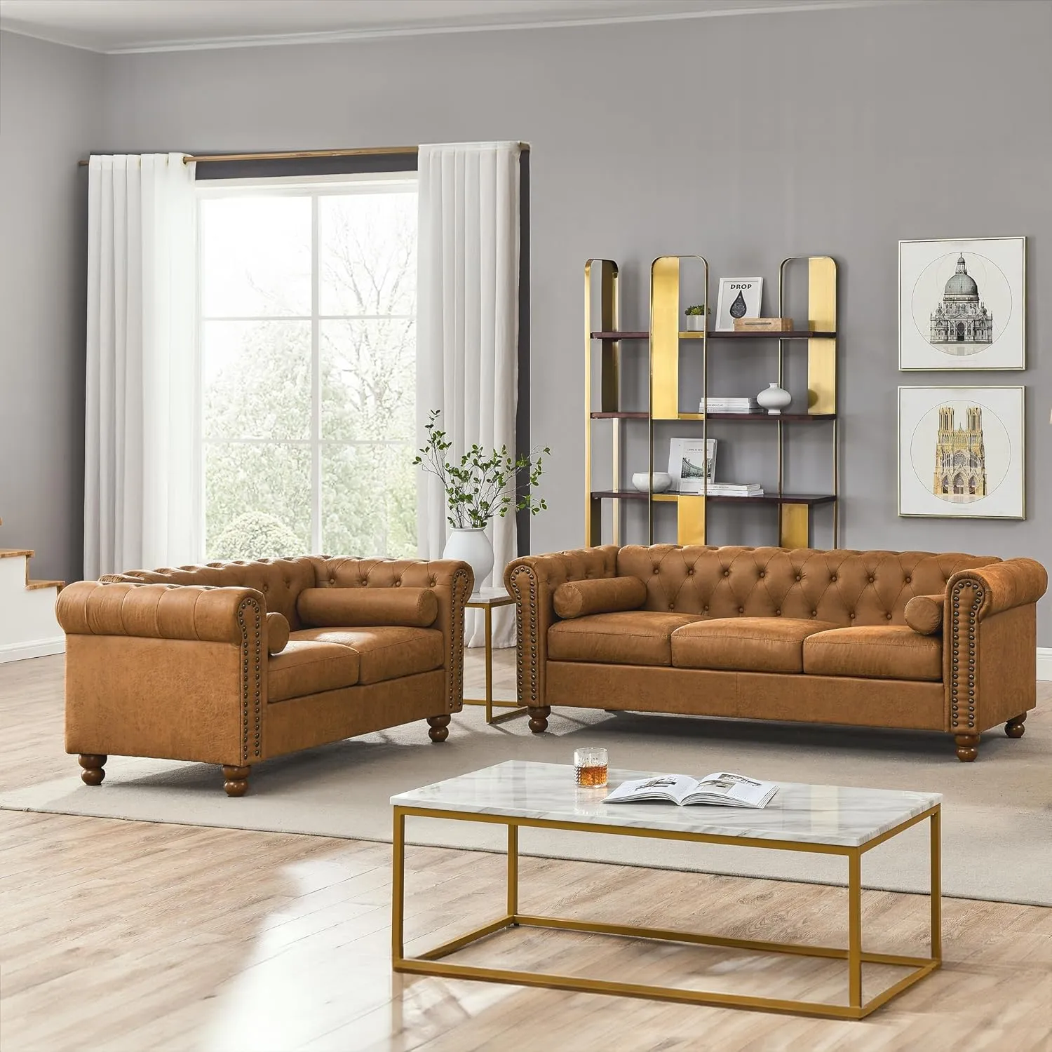Air Leather Tufted Sofa Couch for Living Room, Rolled Arm 3-Seater Sofa Couch with Nailhead Trim and 2 Neck Roll Pillows, Small Apartment Chesterfield Sofa