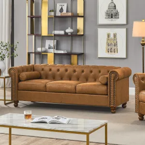 Air Leather Tufted Sofa Couch for Living Room, Rolled Arm 3-Seater Sofa Couch with Nailhead Trim and 2 Neck Roll Pillows, Small Apartment Chesterfield Sofa