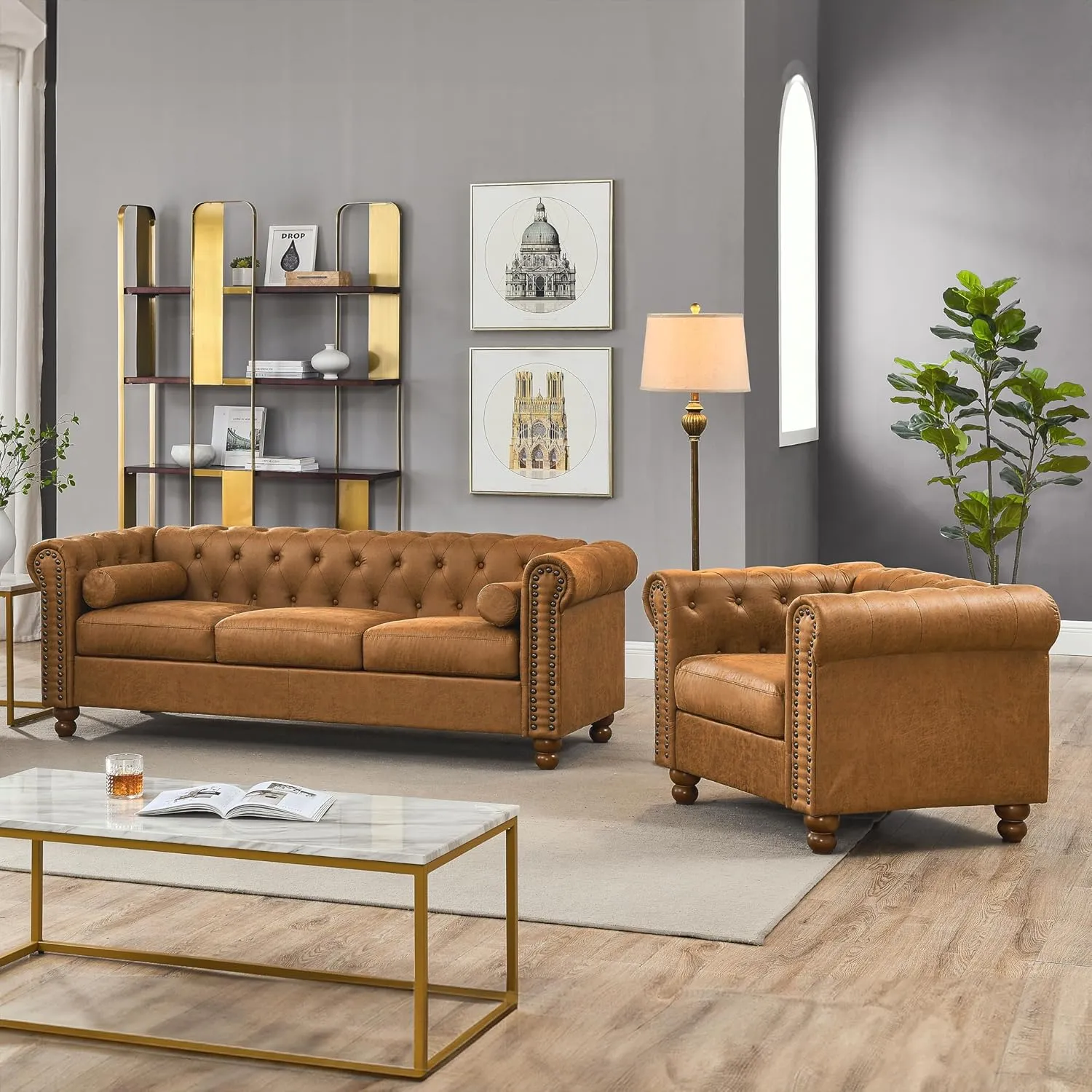 Air Leather Tufted Sofa Couch for Living Room, Rolled Arm 3-Seater Sofa Couch with Nailhead Trim and 2 Neck Roll Pillows, Small Apartment Chesterfield Sofa
