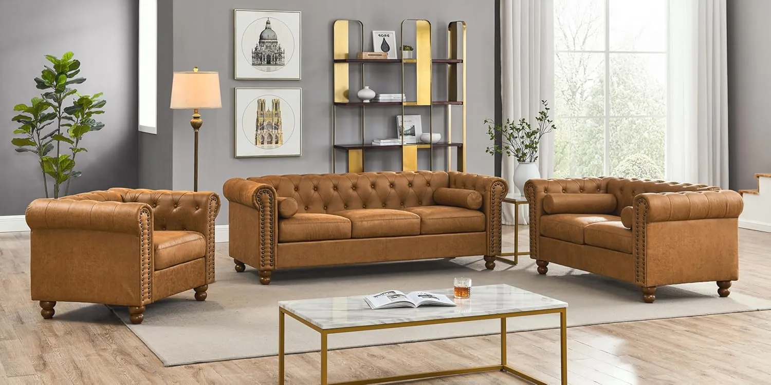 Air Leather Tufted Sofa Couch for Living Room, Rolled Arm 3-Seater Sofa Couch with Nailhead Trim and 2 Neck Roll Pillows, Small Apartment Chesterfield Sofa