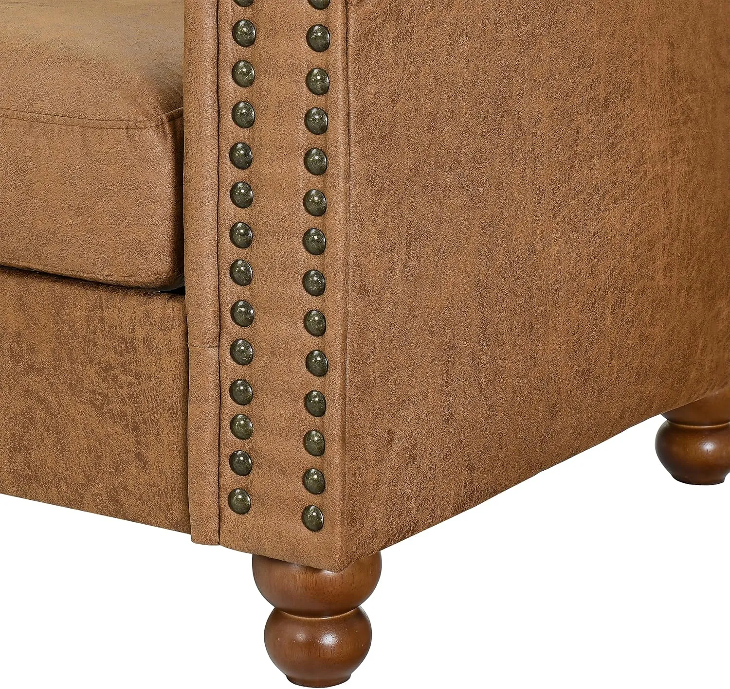 Air Leather Tufted Sofa Couch for Living Room, Rolled Arm 3-Seater Sofa Couch with Nailhead Trim and 2 Neck Roll Pillows, Small Apartment Chesterfield Sofa