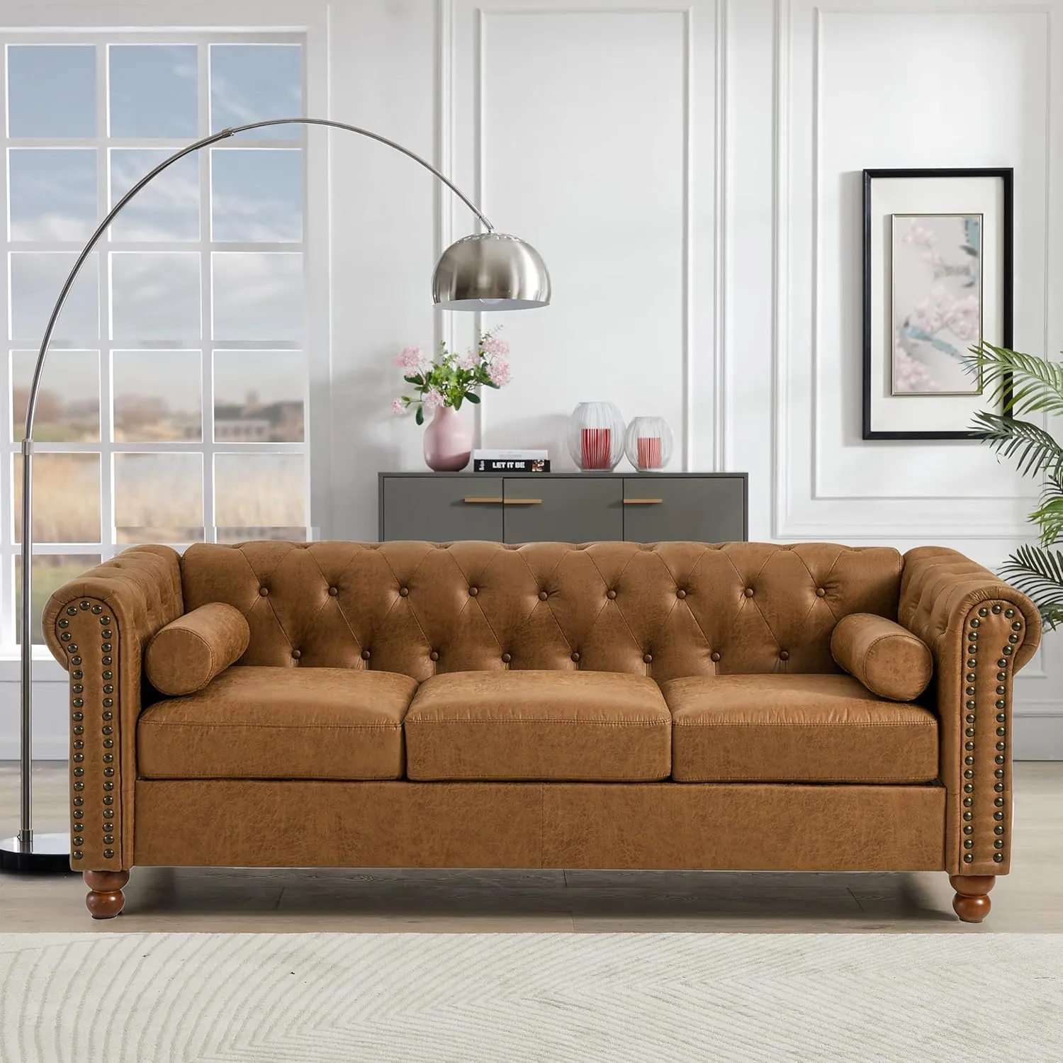 Air Leather Tufted Sofa Couch for Living Room, Rolled Arm 3-Seater Sofa Couch with Nailhead Trim and 2 Neck Roll Pillows, Small Apartment Chesterfield Sofa