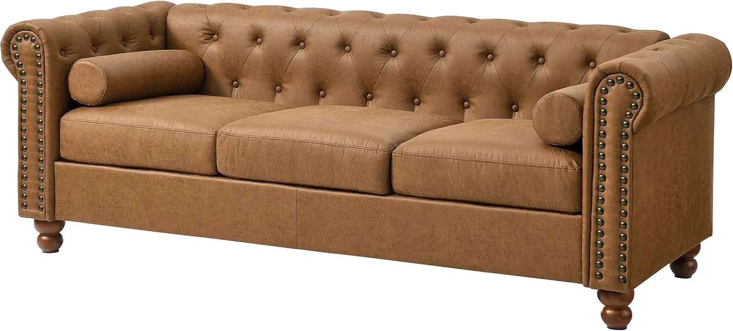 Air Leather Tufted Sofa Couch for Living Room, Rolled Arm 3-Seater Sofa Couch with Nailhead Trim and 2 Neck Roll Pillows, Small Apartment Chesterfield Sofa