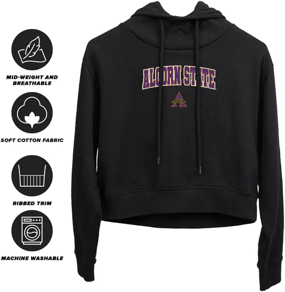 Alcorn State University Arch Logo Black Women's Cropped Hoodie Pullover Sweatshirt