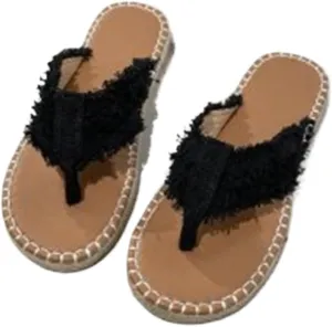 ALEBEE Denim Sandals For Women Straw Flat Heel Bohemian Flip-Flops Sandals