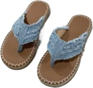 ALEBEE Denim Sandals For Women Straw Flat Heel Bohemian Flip-Flops Sandals