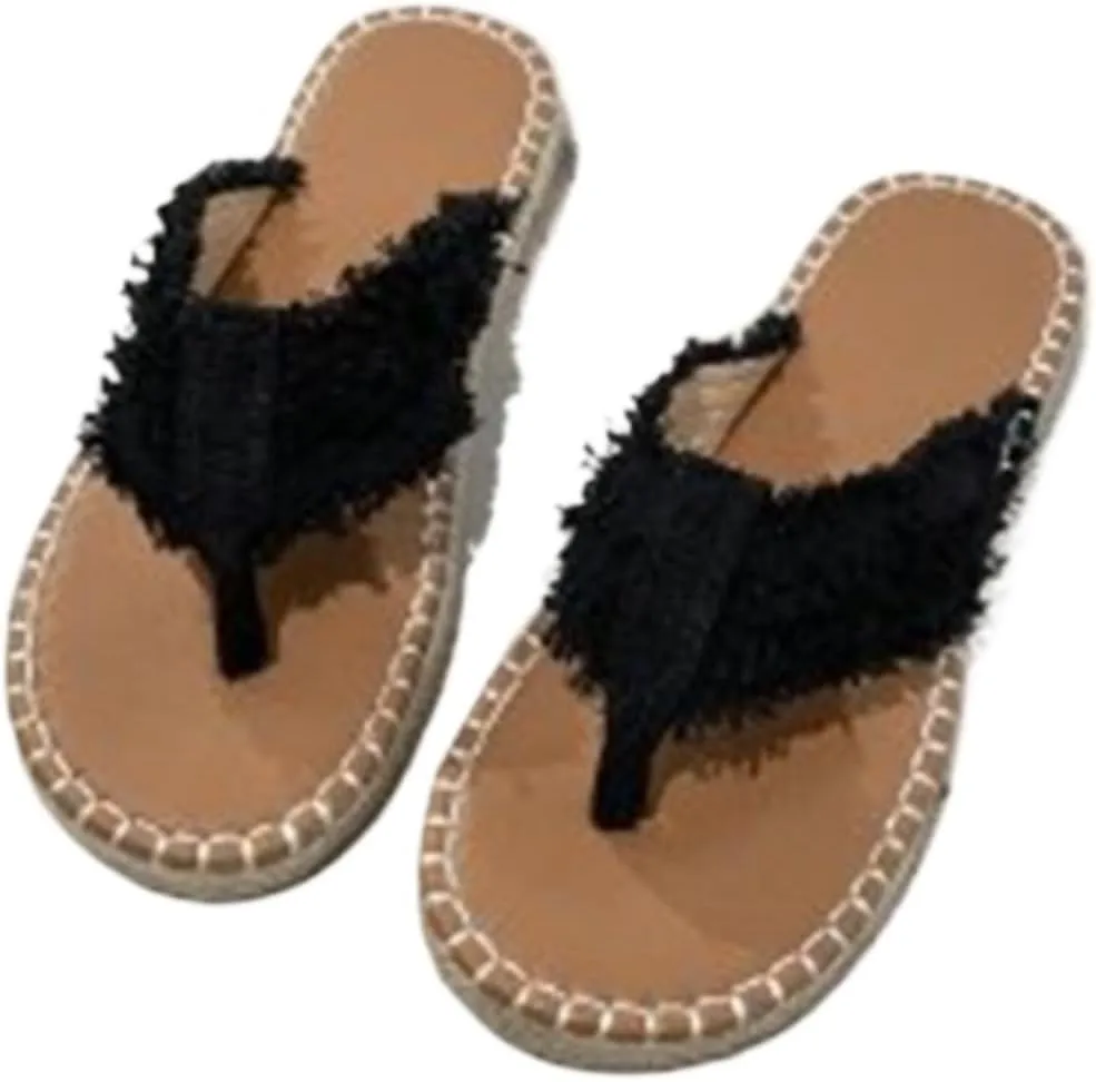 ALEBEE Denim Sandals For Women Straw Flat Heel Bohemian Flip-Flops Sandals