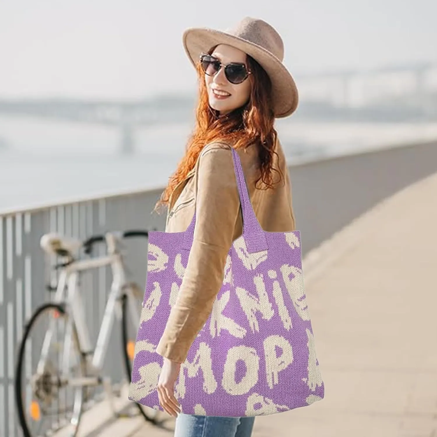 Alphabet Pattern Woven Canvas Beach Tote Bag