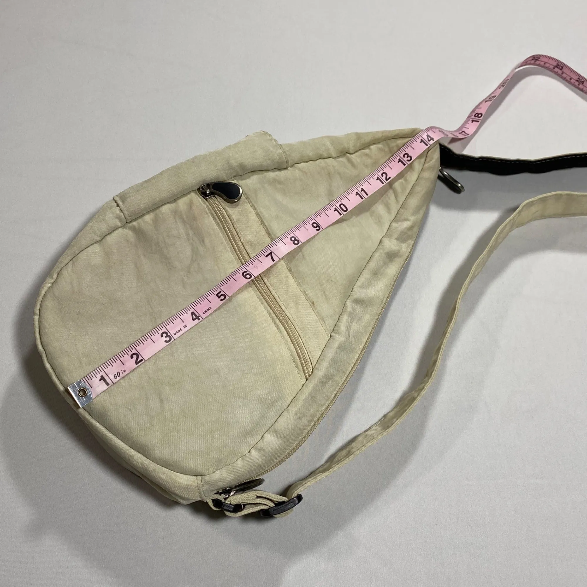 Ameribag Small Beige Distressed Nylon Teardrop Crossbody Sling Bag