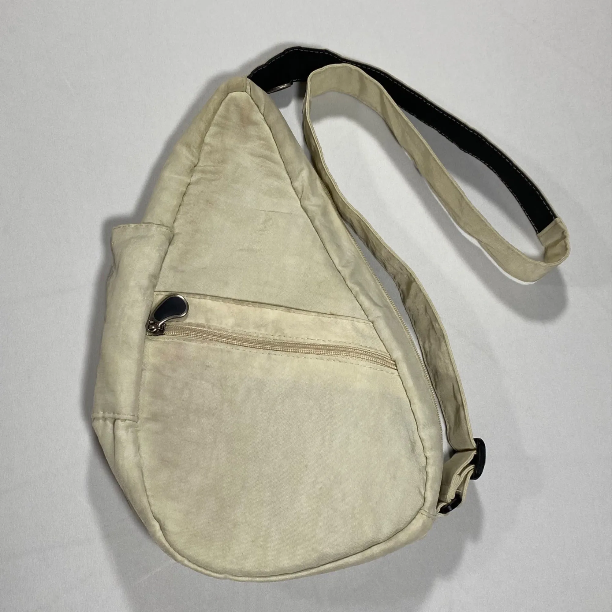 Ameribag Small Beige Distressed Nylon Teardrop Crossbody Sling Bag