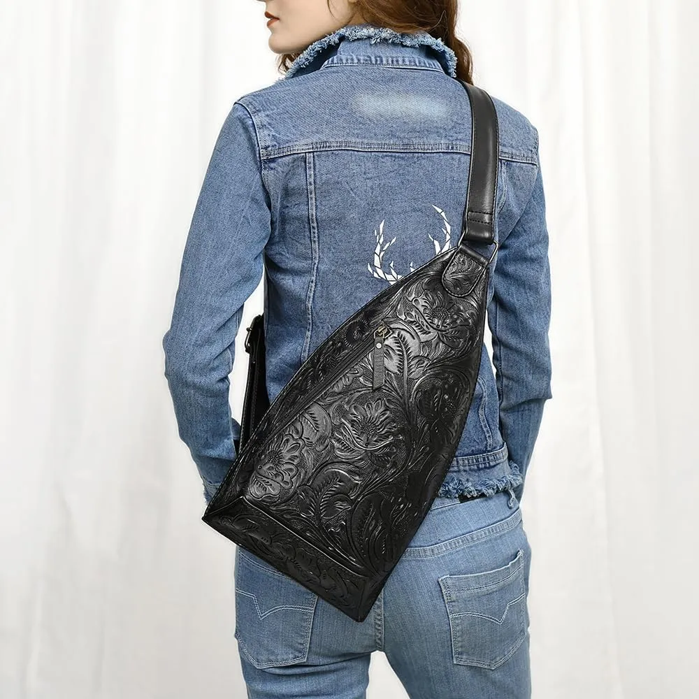 American Darling Sling Hand Tooled Genuine Leather Women Bag Western Handbag Purse, Black