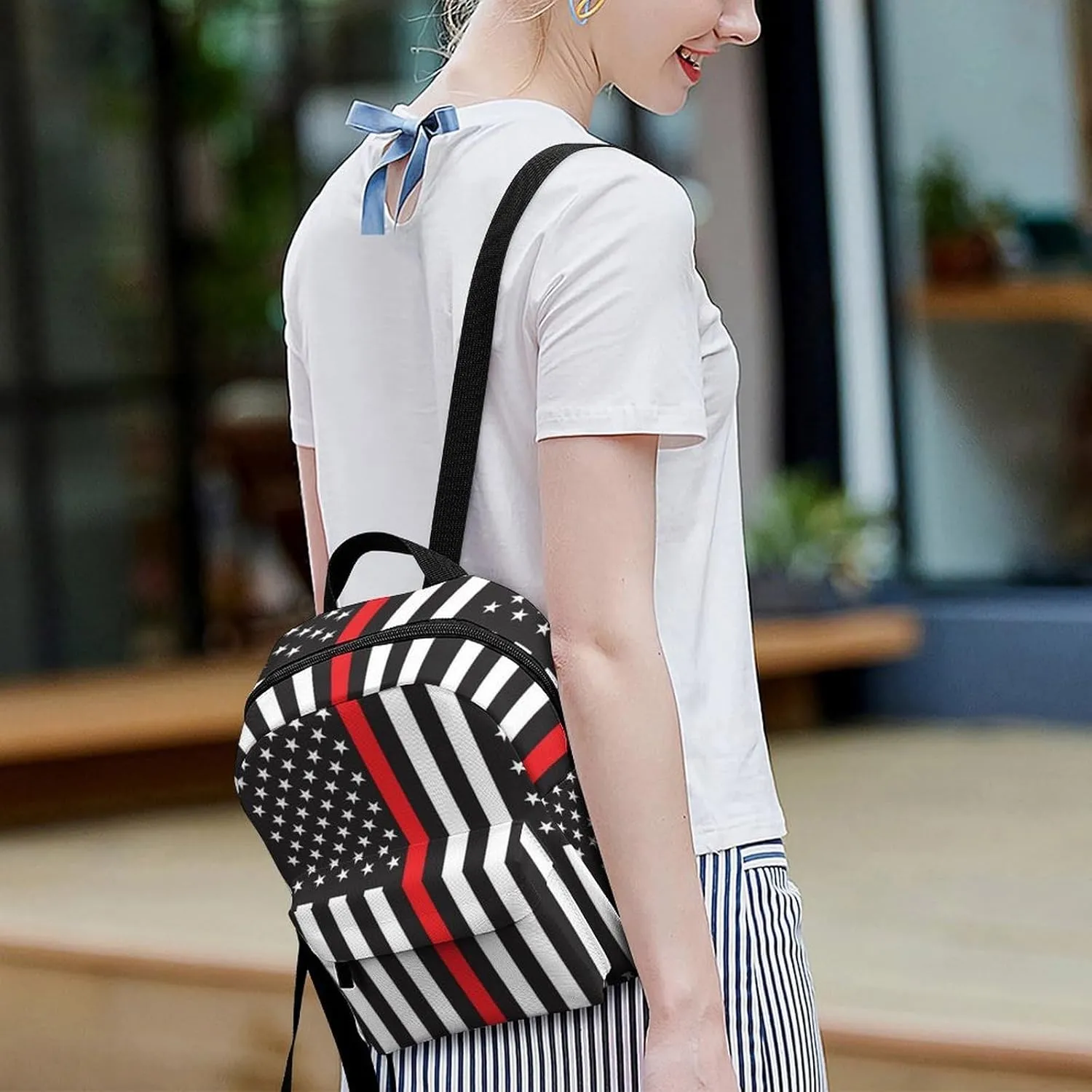 American Thin Red Line Flag Pattern (3) Backpack Purse for Women Casual Shoulder Bag With Adjustable Strap