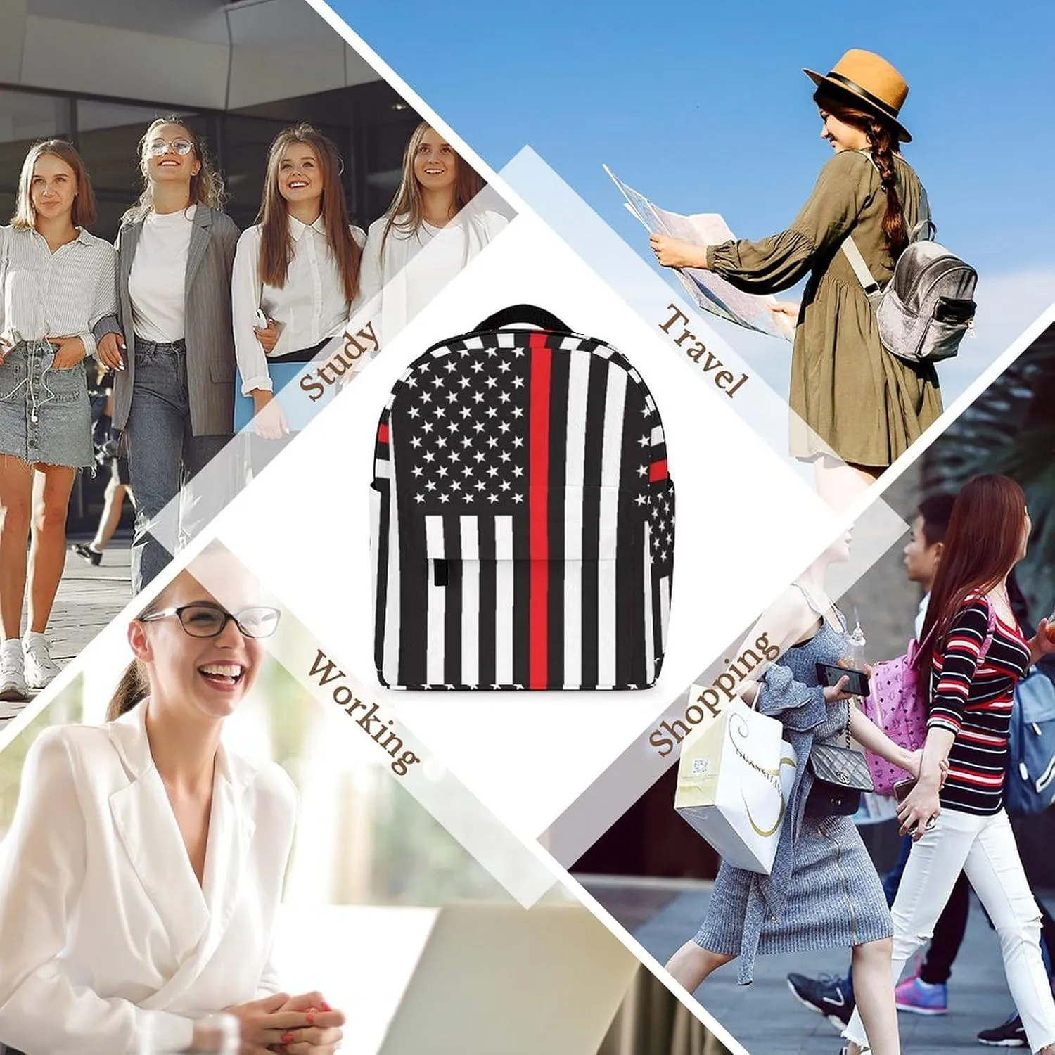 American Thin Red Line Flag Pattern (3) Backpack Purse for Women Casual Shoulder Bag With Adjustable Strap