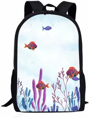AmzPrint Butterfly Fish 17 Inch Black Shoulder Lightweight Book Bags Coral Cartoon Print Kids Backpack Boys Girls