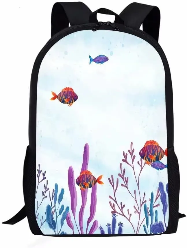 AmzPrint Butterfly Fish 17 Inch Black Shoulder Lightweight Book Bags Coral Cartoon Print Kids Backpack Boys Girls