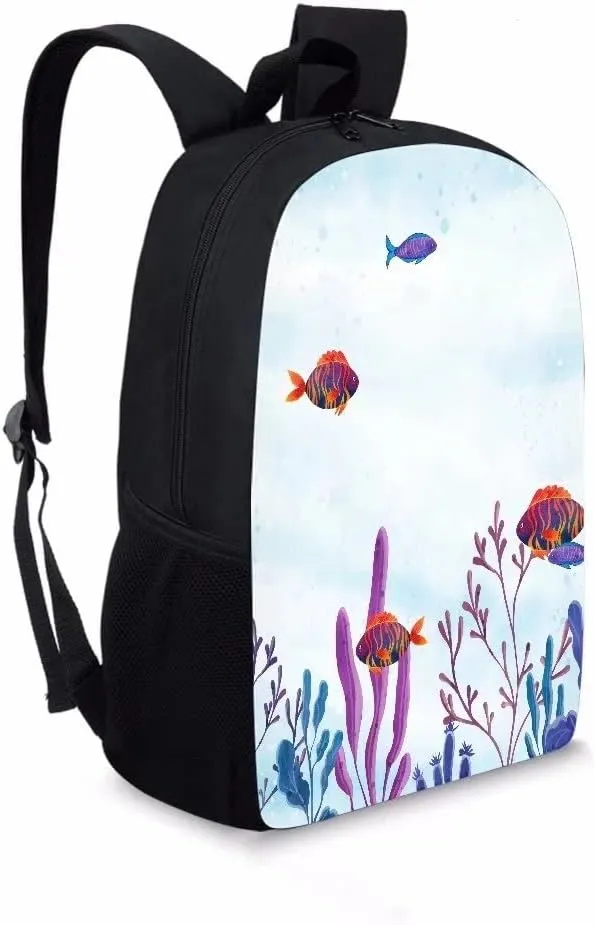 AmzPrint Butterfly Fish 17 Inch Black Shoulder Lightweight Book Bags Coral Cartoon Print Kids Backpack Boys Girls