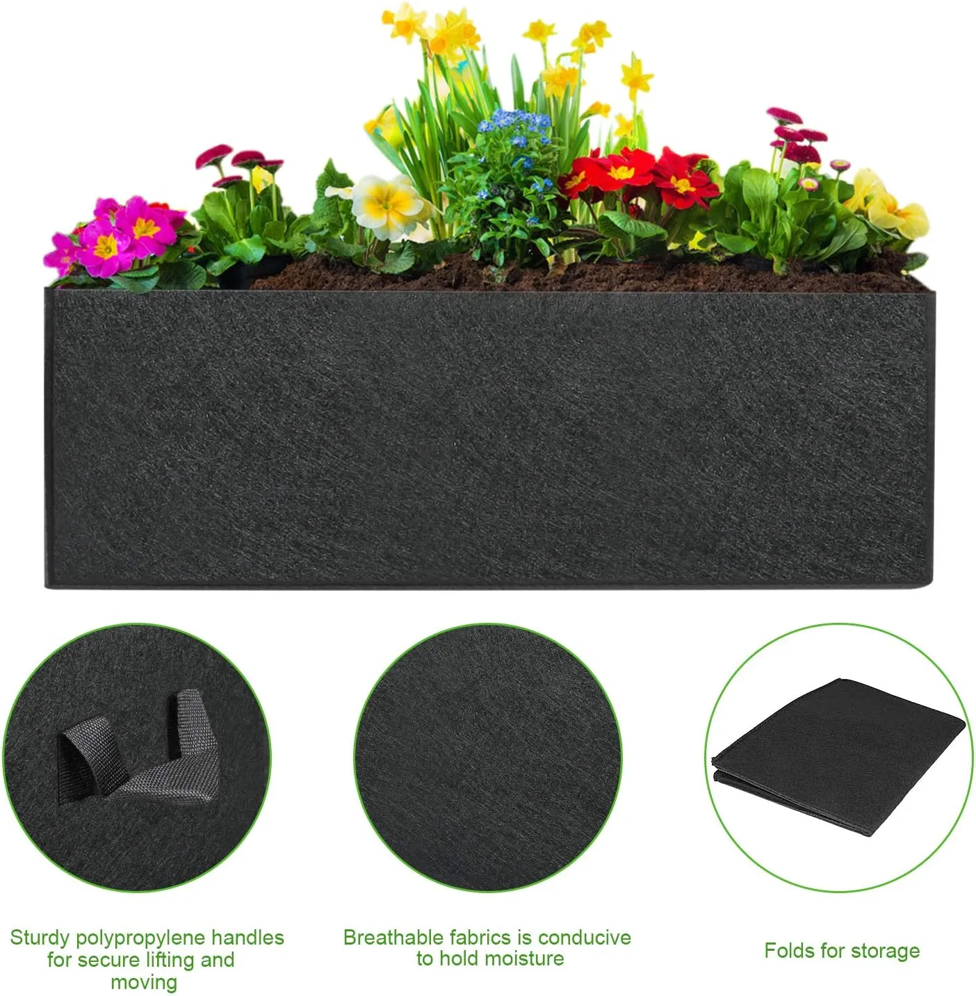 ANGELIOX 3-Pack Grow Bags, 10 Gallon Heavy Duty 300G Thickened Nonwoven Fabric Raised Garden Bed Square Flower Planter Containers for Carrot Onion,Flowers,Fruit/Growing Pots with Handles(60x30x20cm)