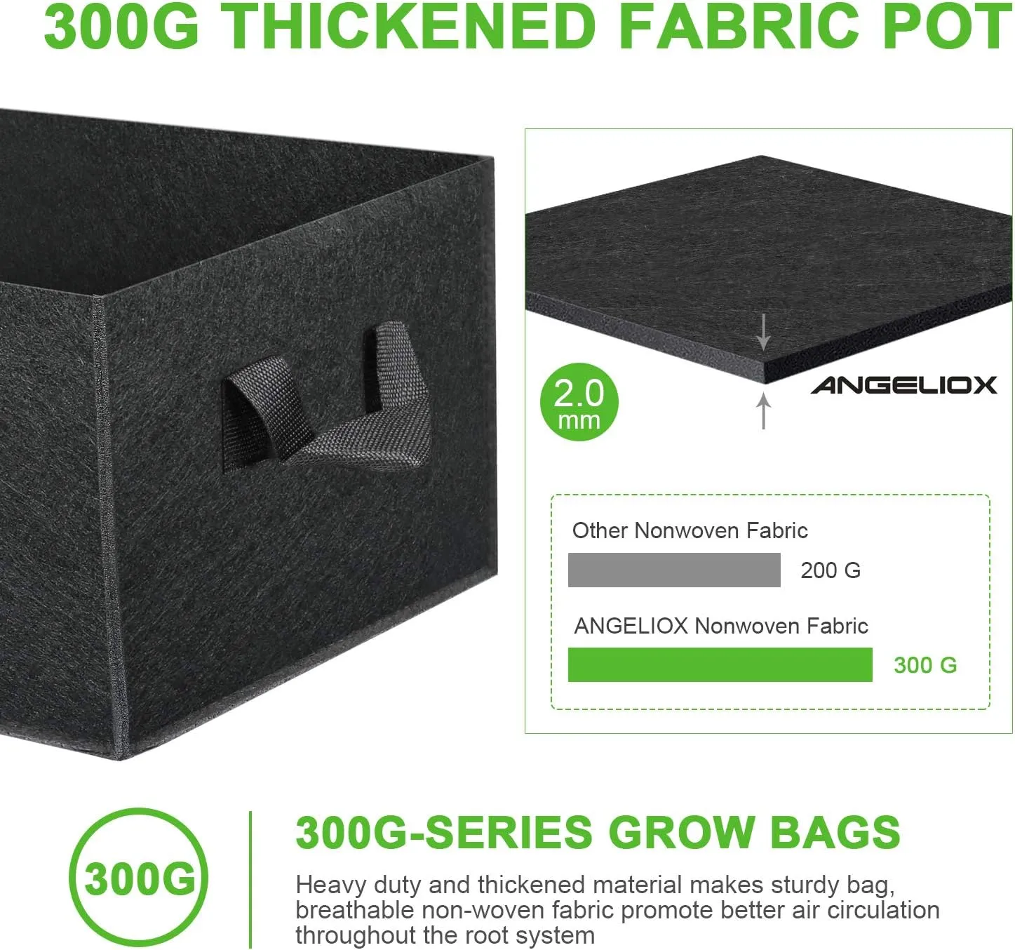 ANGELIOX 3-Pack Grow Bags, 10 Gallon Heavy Duty 300G Thickened Nonwoven Fabric Raised Garden Bed Square Flower Planter Containers for Carrot Onion,Flowers,Fruit/Growing Pots with Handles(60x30x20cm)
