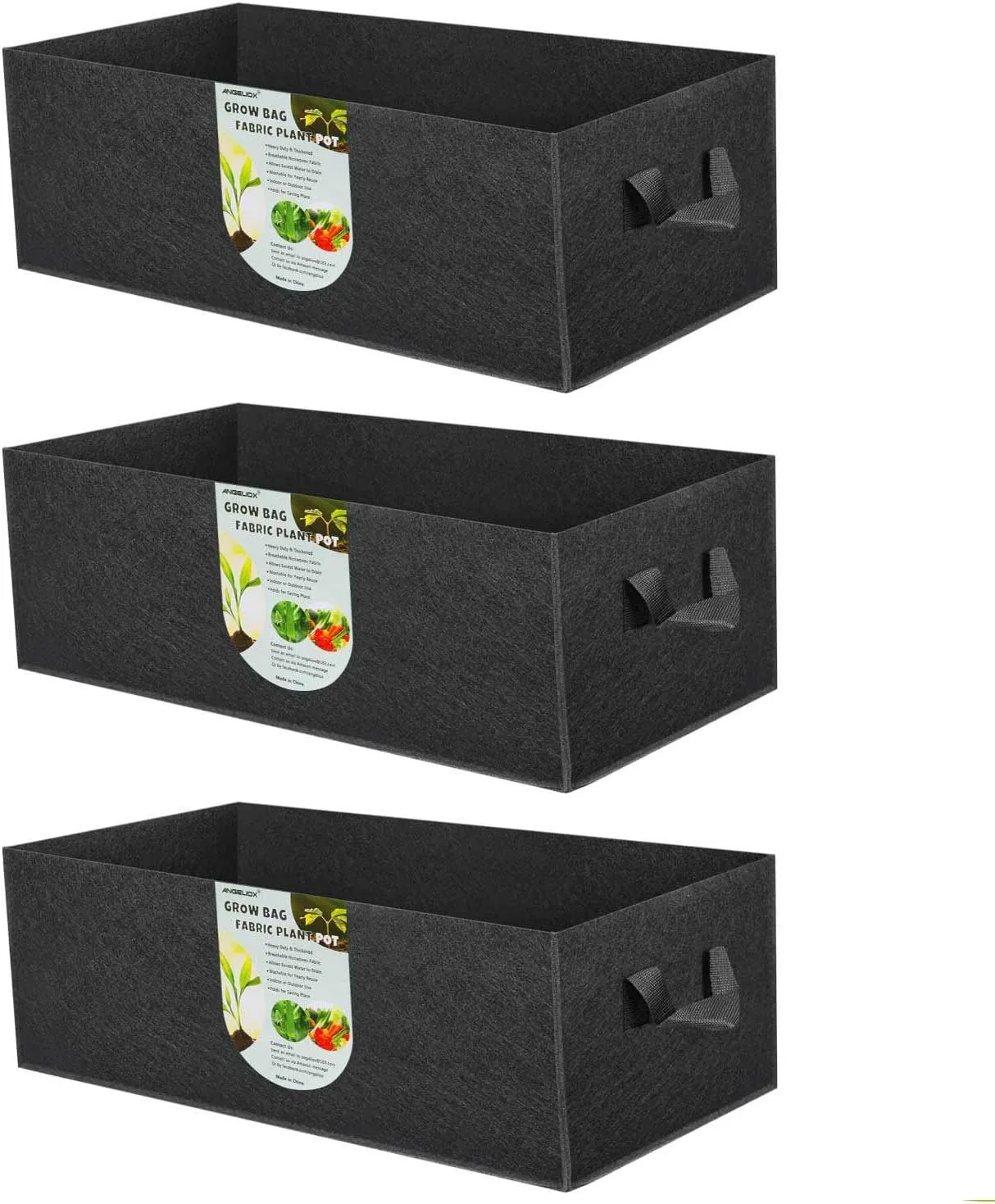 ANGELIOX 3-Pack Grow Bags, 10 Gallon Heavy Duty 300G Thickened Nonwoven Fabric Raised Garden Bed Square Flower Planter Containers for Carrot Onion,Flowers,Fruit/Growing Pots with Handles(60x30x20cm)