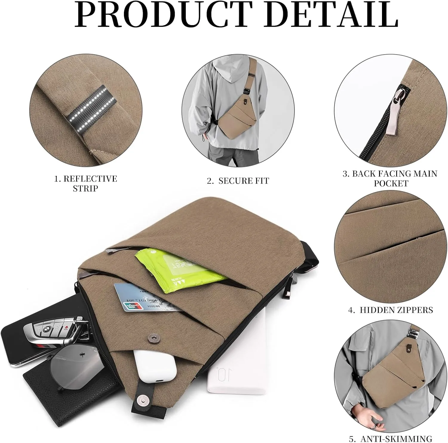Anti Theft Crossbody Bag,Sling Bag for Women Men,Multi-pocket Chest Shoulder Bag for Travel, Sport, Work