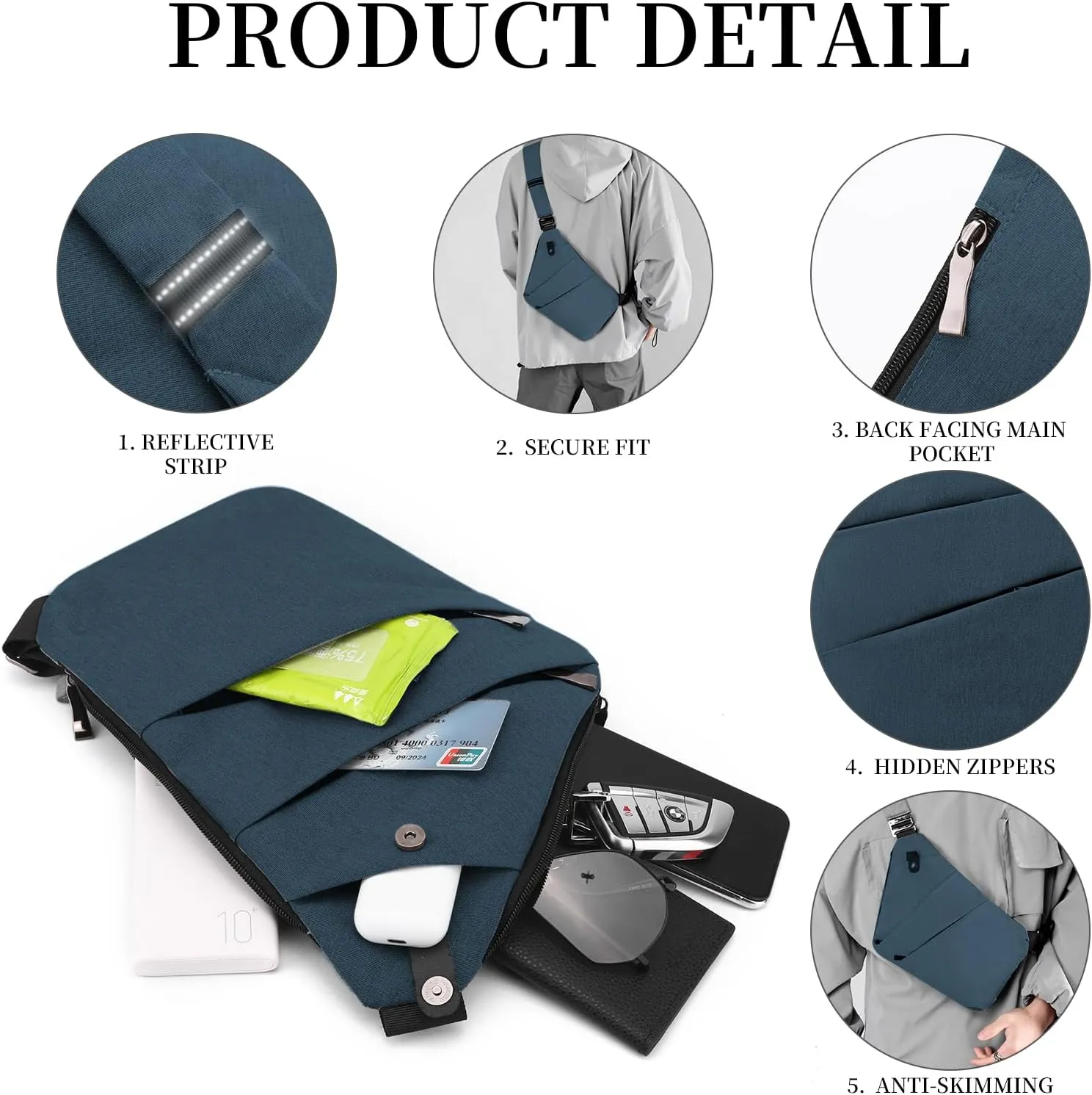 Anti Theft Crossbody Travel Bag - Multi-pocket Shoulder Bag with Adjustable Strap,Slim Sling Bag for Women Men