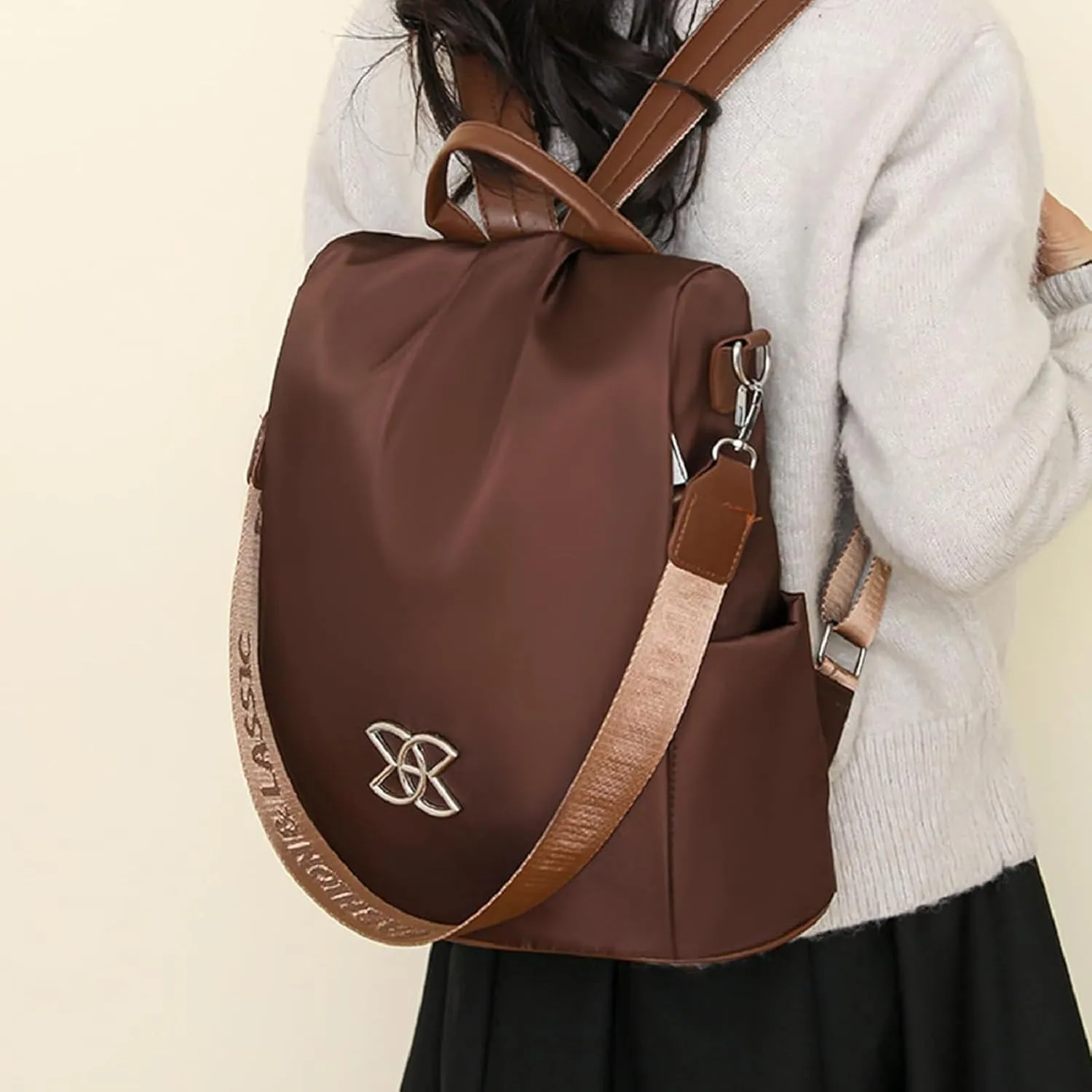 Anti-Theft Large Capacity Backpack for Women, Waterproof Oxford Crossbody Bag with Adjustable Strap for Travel Use (Beige)