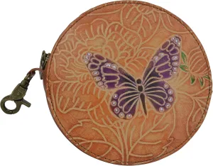 Anuschka Women's Hand Painted Genuine Vegetable Tooled Leather Round Coin Purse - Tooled Butterfly Multi