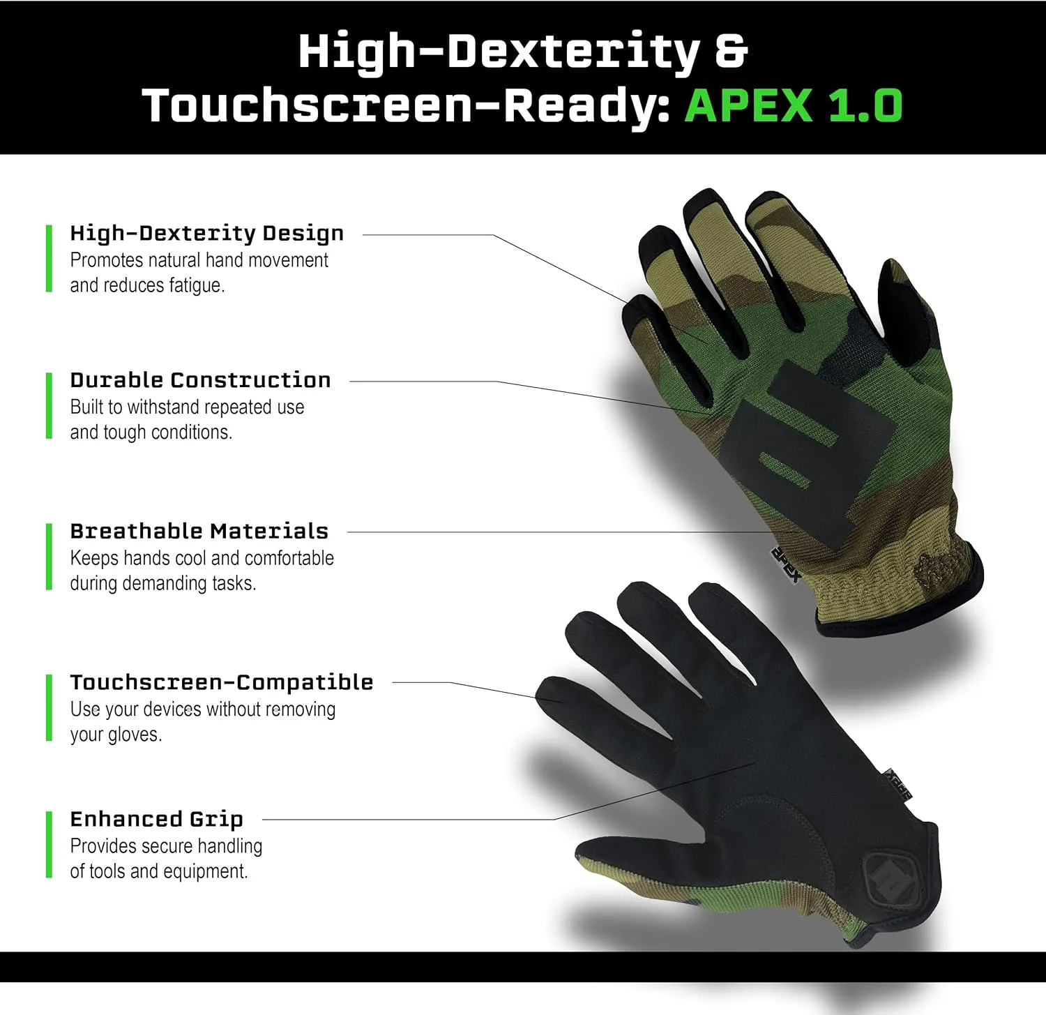 APEX 1.0 High Dexterity Gloves for Work, Tactical, Shooting, Hunting, Multi Sport, Outdoor Protection, Full Finger, Snug Secure Fit, Breathable Design