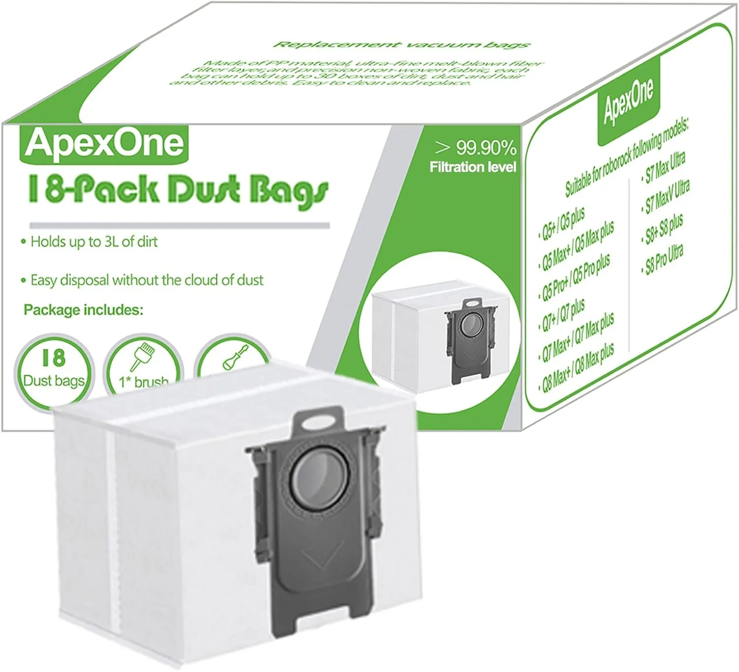 ApexOne 18 Packs Vacuum Dust Bags for Roborock S8 Pro Ultra/ S8 / S7 Max Ultra/ S7 MaxV Ultra/ Q5 / Q7 / Q7 Max / Q5 Pro / Q8 Max  Clean Base Automatic Dirt Disposal Cleaners, 3L Large Capacity