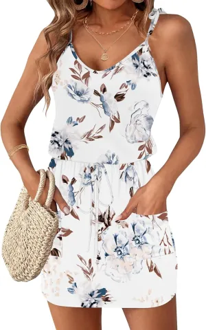 AUSELILY Womens Summer Dresses Sleeveless Spaghetti Strap Beach Cover up Drawstring Waist Mini Short Dress with Pockets