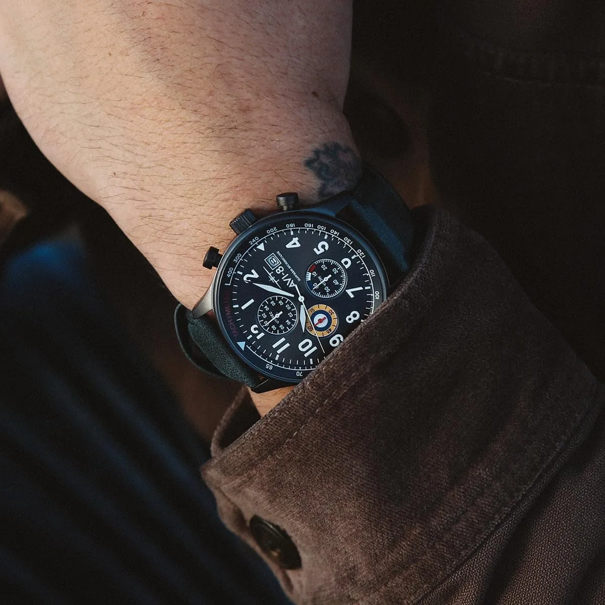 AVI-8 Mens 42mm Hawker Hurricane Classic Chronograph Pilot Japanese Quartz Watch with Leather Strap AV-4011