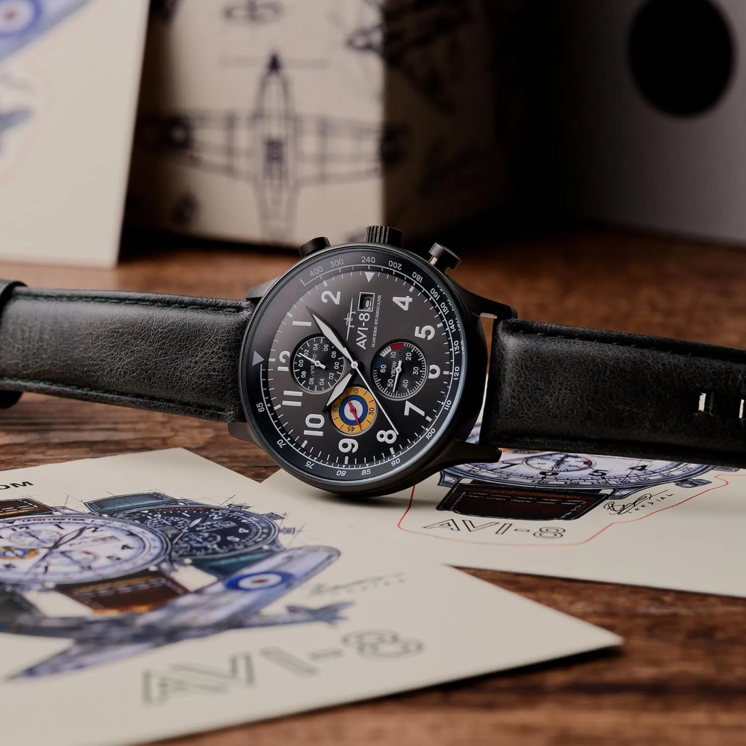 AVI-8 Mens 42mm Hawker Hurricane Classic Chronograph Pilot Japanese Quartz Watch with Leather Strap AV-4011