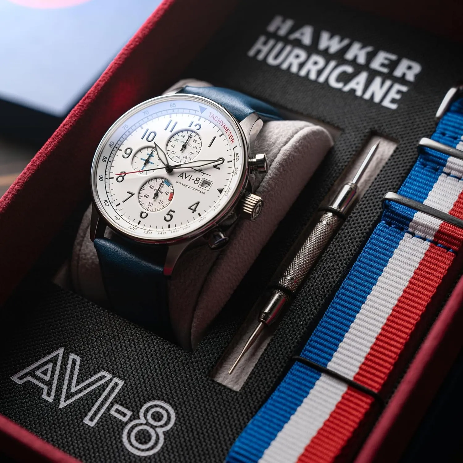 AVI-8 Mens 42mm Hawker Hurricane Classic Chronograph Pilot Japanese Quartz Watch with Leather Strap AV-4011