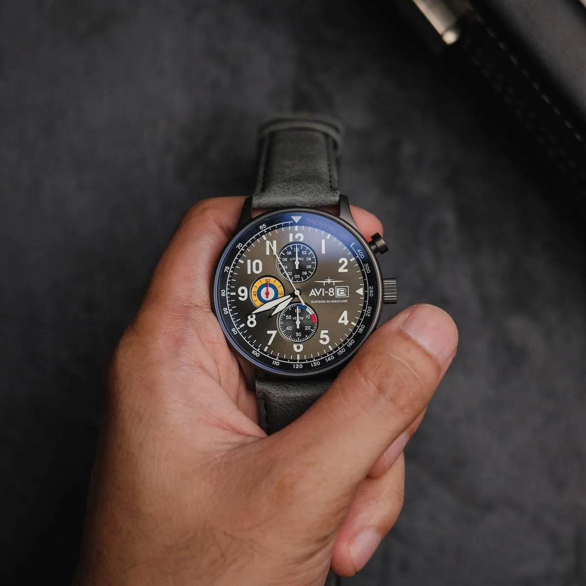 AVI-8 Mens 42mm Hawker Hurricane Classic Chronograph Pilot Japanese Quartz Watch with Leather Strap AV-4011