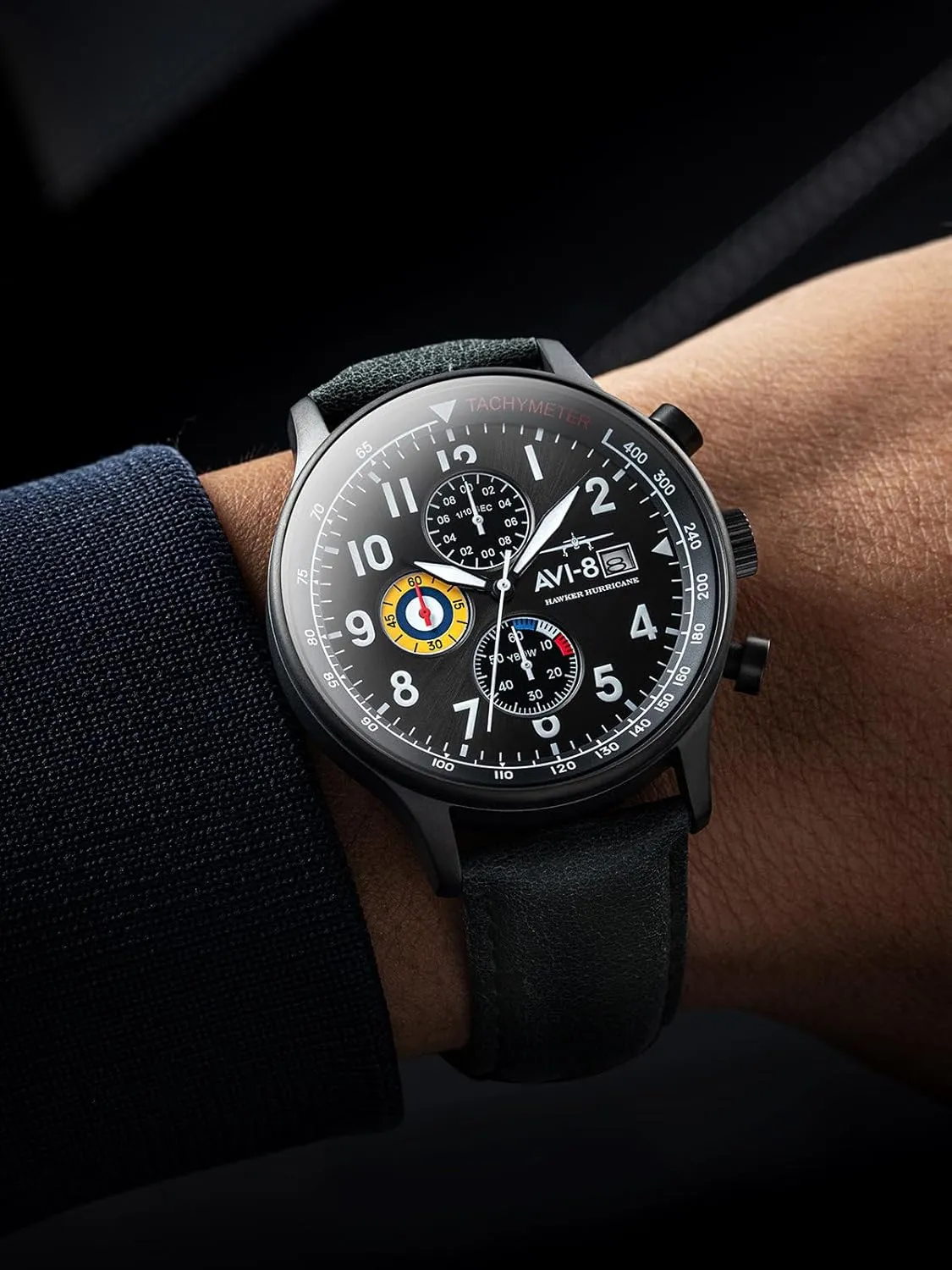 AVI-8 Mens 42mm Hawker Hurricane Classic Chronograph Pilot Japanese Quartz Watch with Leather Strap AV-4011