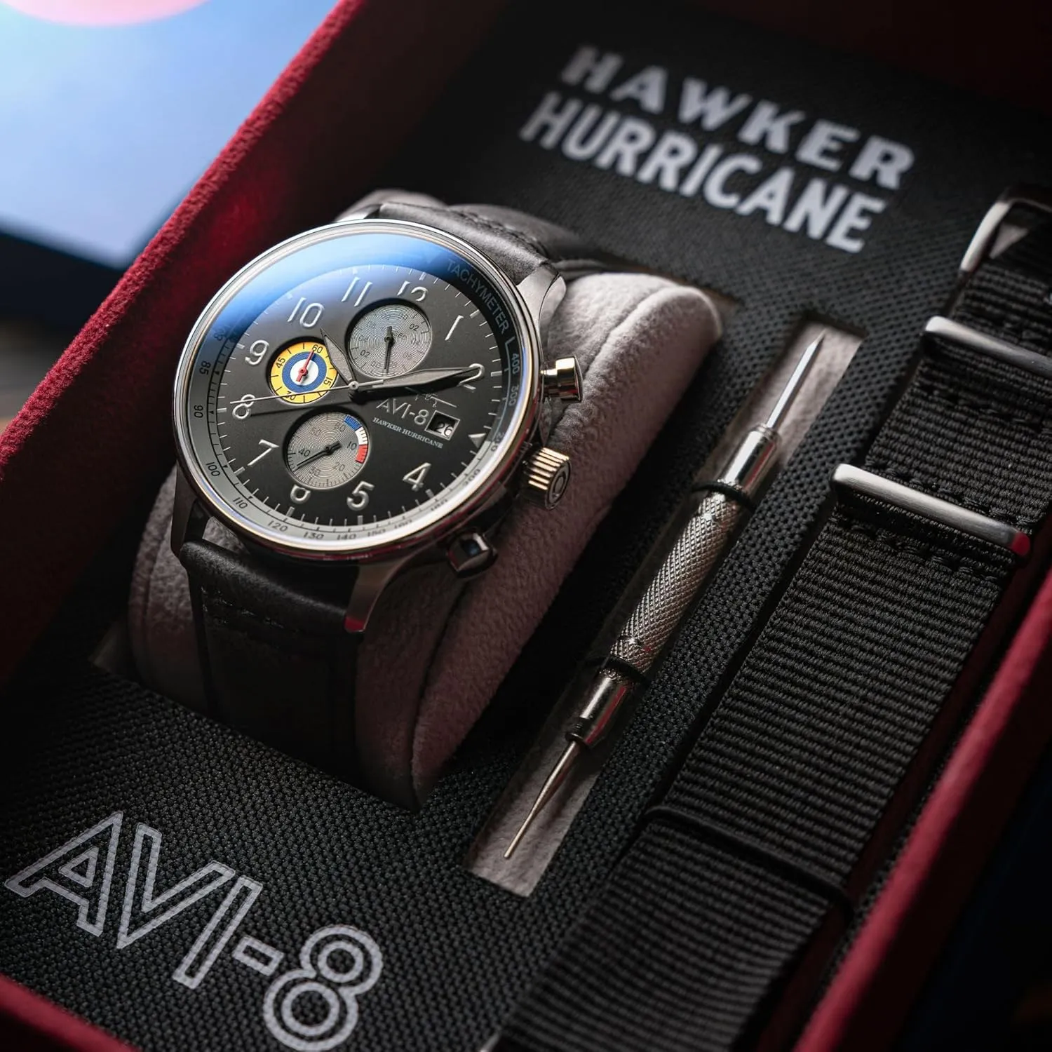 AVI-8 Mens 42mm Hawker Hurricane Classic Chronograph Pilot Japanese Quartz Watch with Leather Strap AV-4011