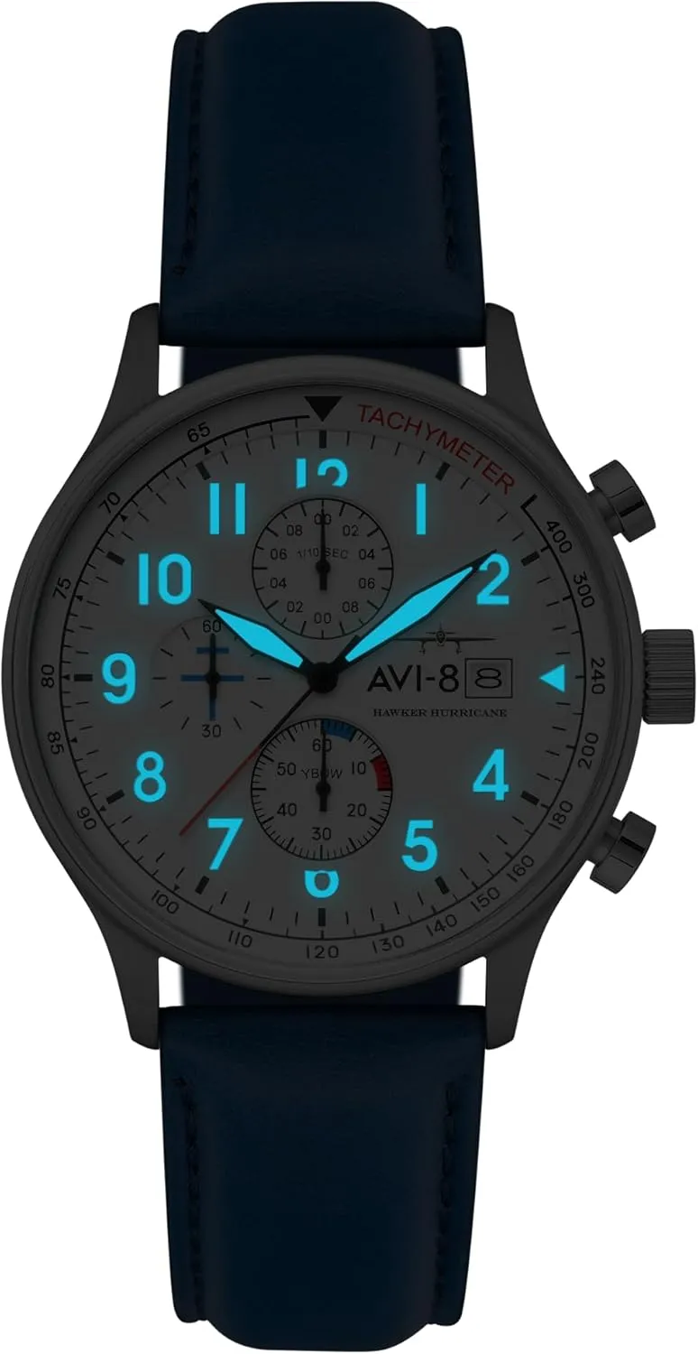 AVI-8 Mens 42mm Hawker Hurricane Classic Chronograph Pilot Japanese Quartz Watch with Leather Strap AV-4011