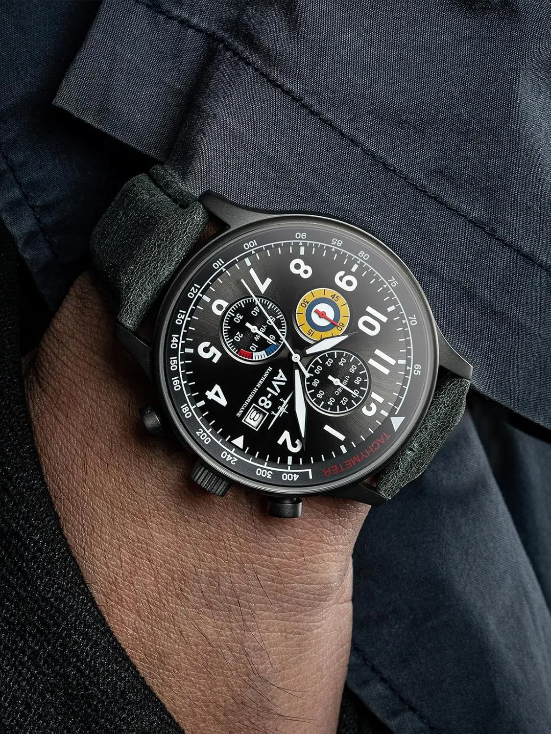 AVI-8 Mens 42mm Hawker Hurricane Classic Chronograph Pilot Japanese Quartz Watch with Leather Strap AV-4011
