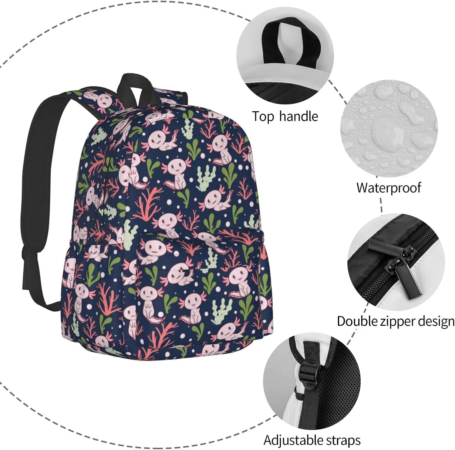 Axolotl Backpack Adjustable Strap Shoulder Bag Laptop Backpack Casual Daypack School Bag for Student Boy Girl