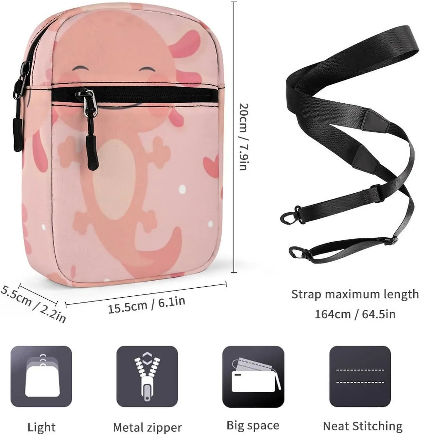 Axolotl Kawaii Detachable Shoulder Strap Small Shoulder Bag Unisex