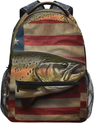 Backpack American Flag Trout Daypack Shoulder Bag Book Bag Lightweight Back Pack 11.4 ×16 In